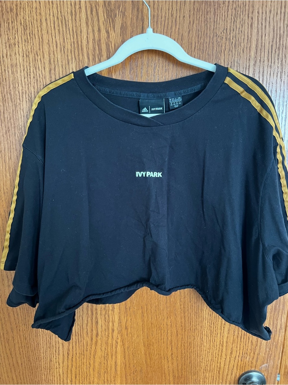 adidas x BEYONCÉ 2020 IVY PARK Black Cropped Tee with Gold Shoulder Stripes